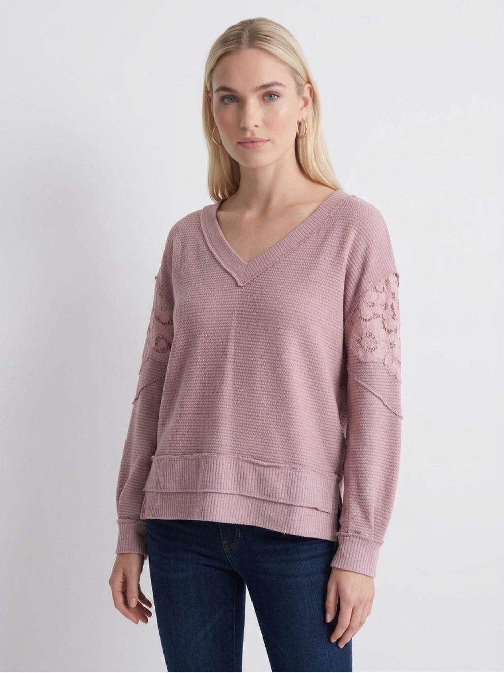 Maurices Dusty Rose V-Neck Sweater with Lace Sleeve Panels